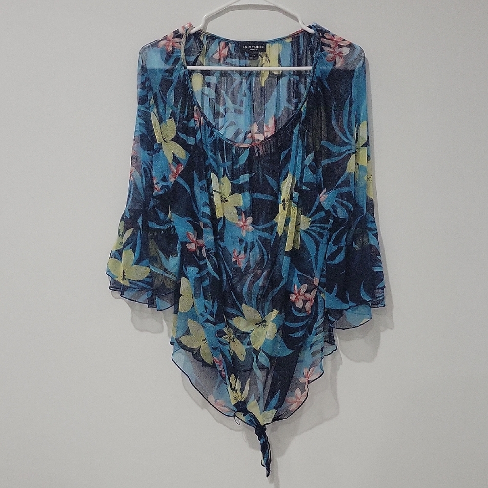 I.N. Studio Blue Flutter Sleeve Blouse with Tie Front